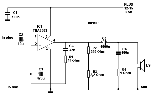 Het schakelschema van de 10 watt versterker.