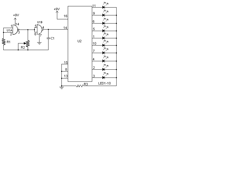 Dit is het schakelschema van de 10 LED Chaser