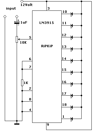 Het schakelschema van de VU-meter.