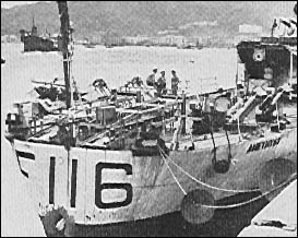 Amethyst alongside at Hong Kong. Notice the large hole below her pennant number.