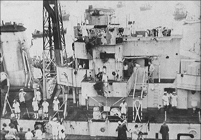 Amethyst at Hong Kong- the damage to her superstructure clearly visable.