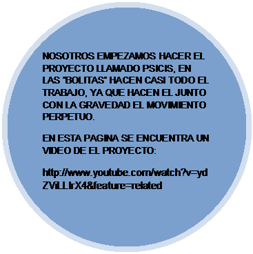 Elipse: NOSOTROS EMPEZAMOS HACER EL PROYECTO LLAMADO PSICIS, EN LAS �BOLITAS� HACEN CASI TODO EL TRABAJO, YA QUE HACEN EL JUNTO CON LA GRAVEDAD EL MOVIMIENTO PERPETUO.
EN ESTA PAGINA SE ENCUENTRA UN VIDEO DE EL PROYECTO:
http://www.youtube.com/watch?v=ydZViLLIrX4&feature=related
