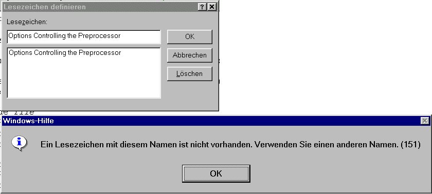 Lesezeichen definieren / Ein Lesezeichen mit diesem Namen ist nicht vorhanden. Verwenden Sie einen anderen Namen / [OK]