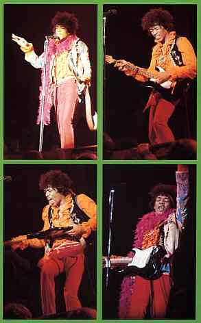 Pictures of Jimi Hendrix performing live onstage at Monterey on the evening of June 18, 1967.