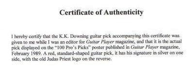 This is the Certificate of Authenticity, from Jas Obrecht, the editor of Guitar Player Magazine, verifying that it is the pick on the poster.