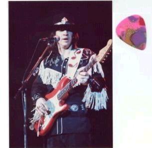 Stevie Ray Vaughan and a rare pick. Not a pick in my personal collection. Too bad!