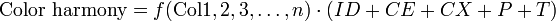 \text{Color harmony} = f(\text{Col} 1, 2, 3, \dots, n) \cdot (ID + CE + CX + P + T)