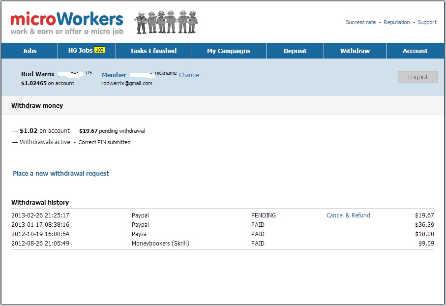 Here are the earnings I have made with Microworkers.com