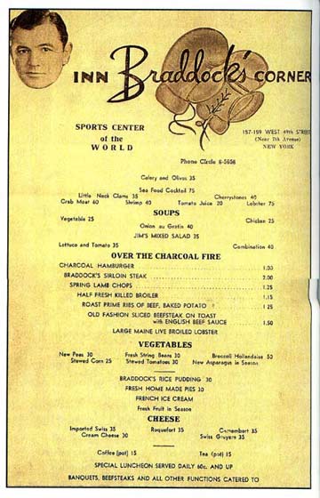 Menu from a short-lived restaurant Braddock opened in Manhattan (Men� del restarurante de corta vida abierto por Braddock en Manhattan)