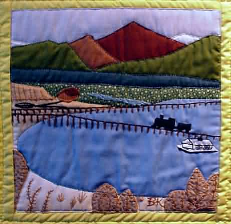 Panel in a quilt depicting Columbia Gorge scenes