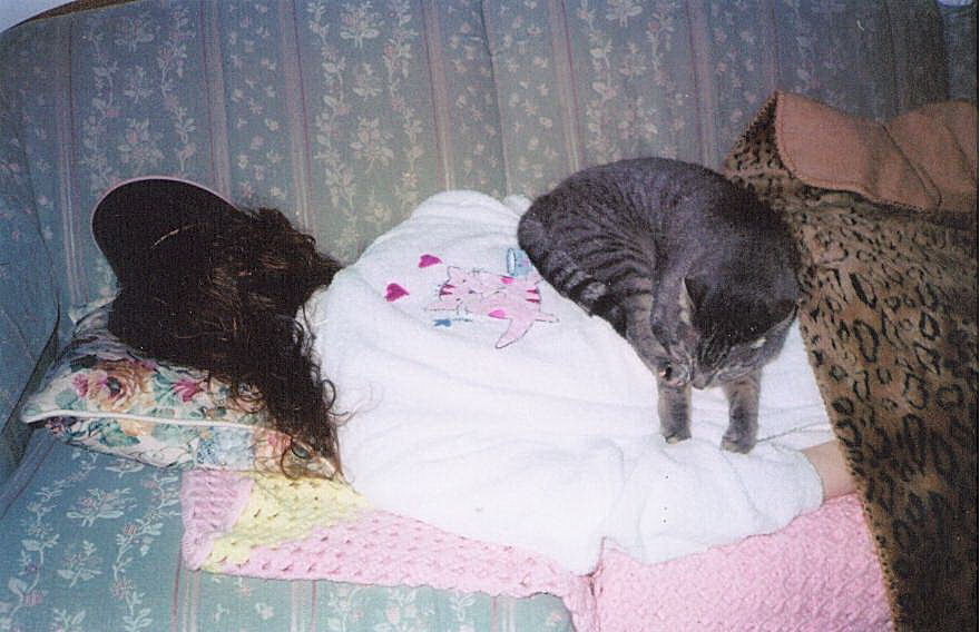 Rosie sleeping on couch with Grumpy
