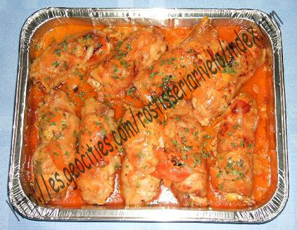 Muslos de pollo, deshuesados, rellenos y braseados con bresa