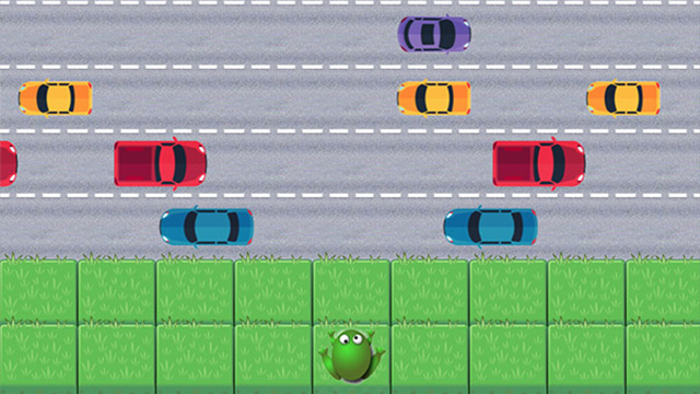 Frog on a grass and a road with cars