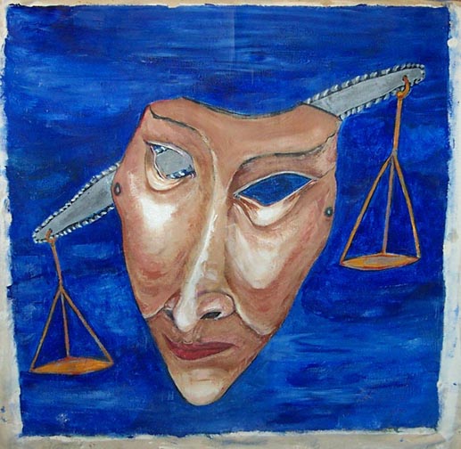 This 'mask' is the face of a dishonored judge. The tilted scale, even though it is empty, represents corruption.