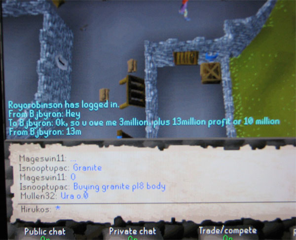 Bjbyron owes Hirukos 3 million in Runescape