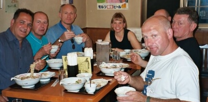 Enjoying a Japanese meal are: Kevin Moane, Stan Cantrill, Clive Douglas, Lena Strang, Roland Newson, Dave Walker and Paul Moss