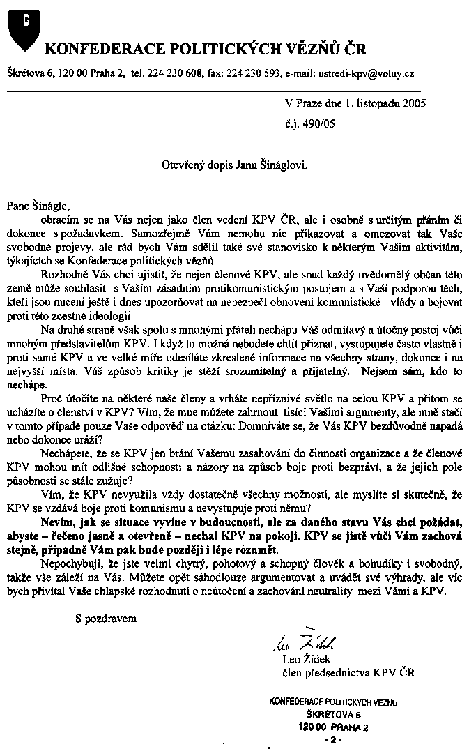 otev�en� dopis dopis KPV panu �in�glovi