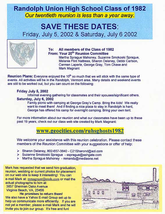 Flyer mailed to all classmates in mid August
