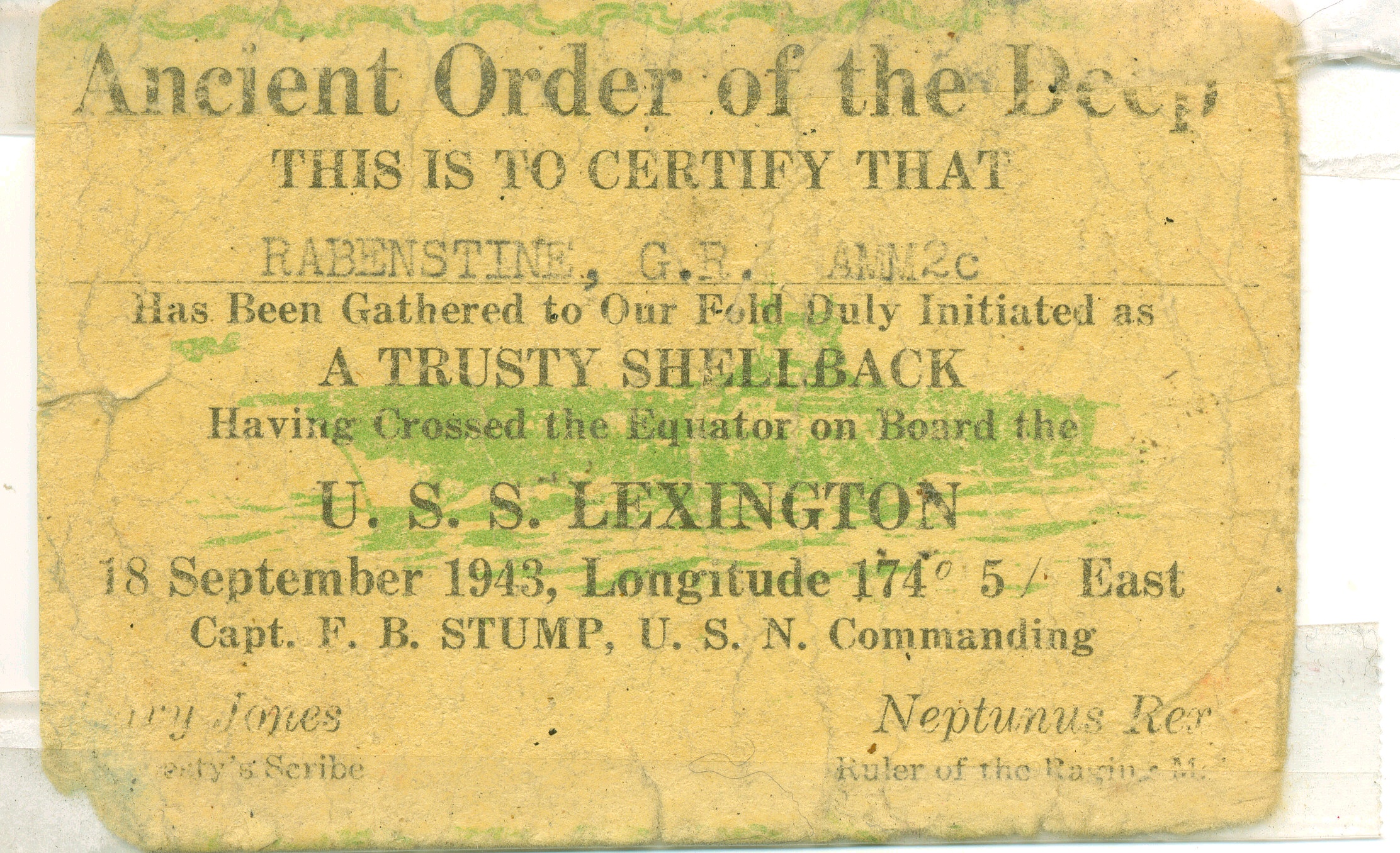 (Photo Crdit 8) Ray's Original "ShellBack Card". Received September 18, 1943, when he crossed the Equator. (Original card courtesy of Helen Rabenstine)