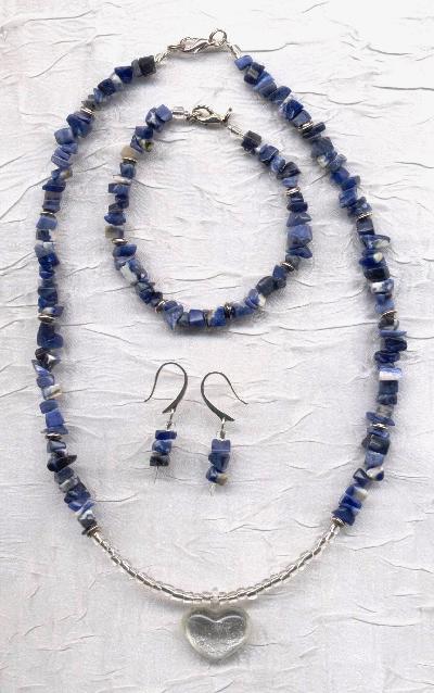 STONEWASHED DENIM silver foil puffy glass heart pendant and semi-precious sodalite set. $42