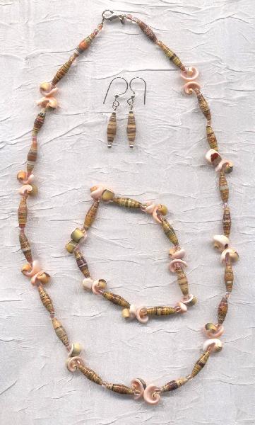 BEACHCOMBER shell and recycled paper necklace, bracelet and earrings. $37