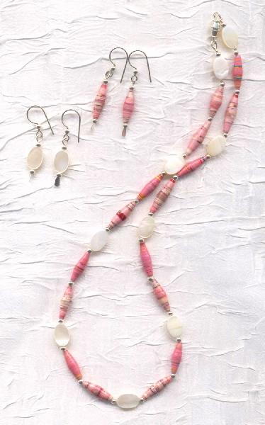 BLISS mother of pearl and recycled paper necklace and earrings. Includes 2 pair earrings for only $28