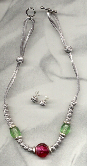 WATERMELON FROST chinese knotted and glass bead necklace with knotted post earrings. $22.50