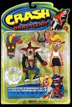 Includes Crash Bandicoot in a leather jacket, Coco Bandicoot in beach clothing, sun glasses, Aku Aku and a clear gem.