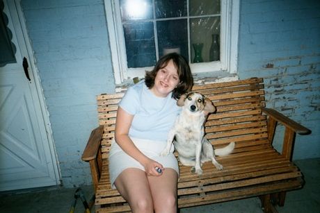 With our dog, Puppy, at home