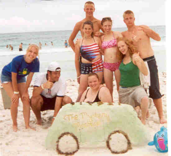 the 'gang' at Sonfest, 2001--Sandcastle contest, cartoon category. The Mystery Machine!! the blue balloon was our ghost