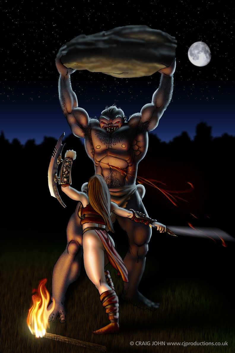 Two Nephilim, one human-like, one monstrous, in the midst of combat
