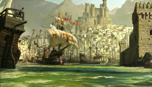 The entrance to Parrise, capital of the Scattered Kingdom, with the Scattered Kingdom's Palace overlooking the city