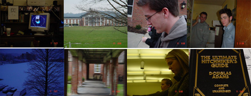 Left to right, top to bottom: My desk and computer, the view out my window of the rugby field and a church, Rick on the way to class at 8, mod-mates Dan and Andy, Row 2: same field after snow in very early morning, walking to poly sci under the catwalk, hillary dutifully taking notes in anthro while I play with the camera, The Bible