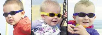 Baby Banz Sunglasses for 100% UV Protection, with wrap around band.  This is the blue variety but there is also red, pink, orange, green and black.