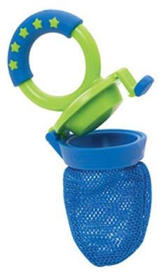 Fresh Food Feeder by Tommee Tippee.  Just place food into the mesh bag and snap shut to secure.  Baby can enjoy foods without the risk of choking on large pieces.  Also great for teething soother.