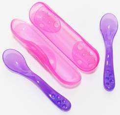Tommee Tippee Baby Spoons with case  - come with 2 spoons per case .  Current stock is blue case with yellow spoons - different to this picture