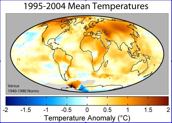 Mean surface temperature anomalies during the period 1995 to 2004 with respect to the average temperatures from 1940 to 1980