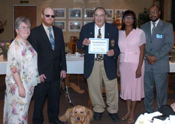 District Governor-Elect Bob Heft holds the International Membership Certificate Heft designed.&nbsp; The two newest members (nearest Heft) were the first in the World to receive the certificate.