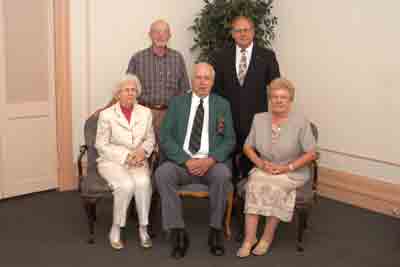 Past presidents Dick Runstrom (seated), John Senyko (standing, left) and Norm Moore are flanked by past Lioness presidents, Valarie Grimaldi and Gloria Moore.&nbsp; Not pictured is Joyce Senyko, wife of John.