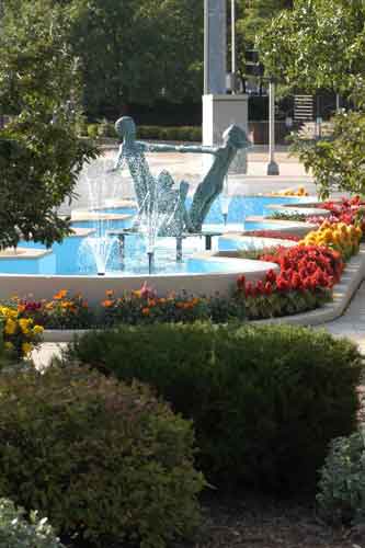 This view of the fountains demonstrates how the park provides solace within the heart of the downtown district as it works in harmony with nature.