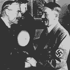 1938'de �ngiltere Ba�bakan� Chamberlain ve Alman F�hrer'i Hitler bar�� i�in el s�k���yor.