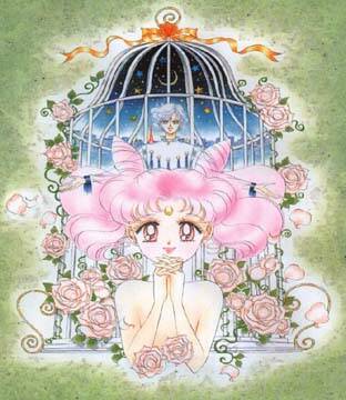 Chibi-usa in front of a cage w/ Helios in it