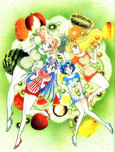 Minako, Rei, Ami, and Makoto w/ food