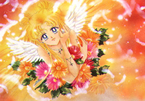 Usagi surrounded by flowers and feathers