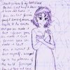 A handdrawn version of Chikako with the lyrics to her theme in the back