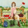 Chikako sitting on a bench with tomatoes