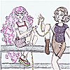 Yoshiko and Chikako sitting on a fence making flower chains
