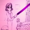 Chikako (with RE-4b behind her) turning her on lightsaber for the first time