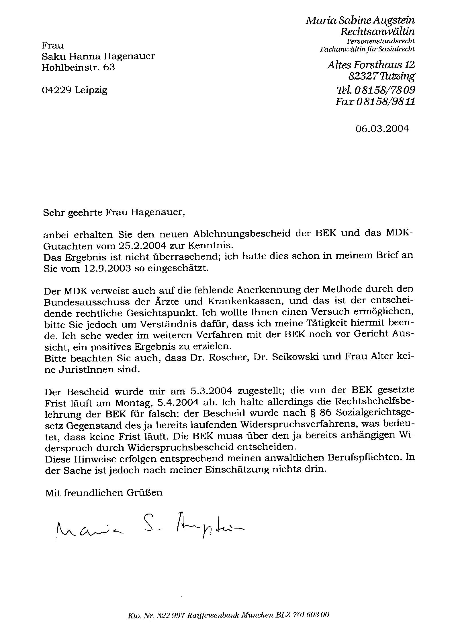 Kopie eines Schreiben von Augstein