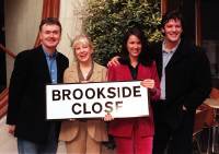 Stars from the past and present of Channel 4's Liverpudlian soap, Brookside, gather together in London to promote a five-night Easter special with its 'explosive' storyline which deeply affects many of the regular residents of the most famous Close in the Country. Left to right (actor's name followed by character name): Bryan Murray (Trevor Jordache), Sandra Maitland (Mandy Jordache), Claire Sweeney (Lindsey Stanlow) and Sam Kane (Peter Phelan). April 1998